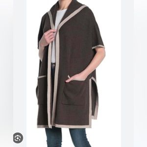 TART MERINO WOOL HOODED CARDIGAN SWEATER VEST REVERSIBLE GRAY BLACK TRIM